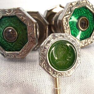 ANTIQUE CUFFLINKS & ROMAN INTAGLIO STICK PIN ~GUILLOCHE GREEN ENAMEL & JADE TYPE